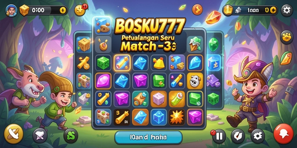Screenshot gameplay BOSKU777 yang menampilkan momen seru saat mencocokkan permata.