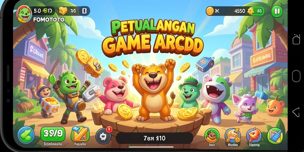 Screenshot FOMOTOTO menampilkan aksi seru di tengah gameplay Arcade.