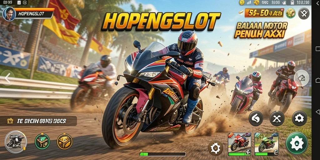 Screenshot gameplay HOPENGSLOT menampilkan balap motor aksi nyata.