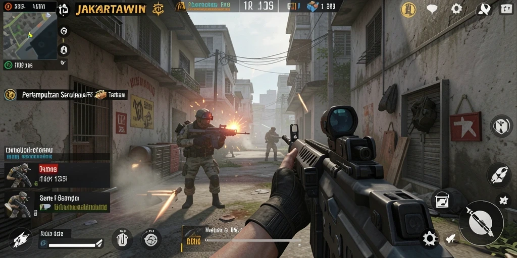 Tampilan pertempuran seru dalam JAKARTAWIN dengan aksi FPS yang mendebarkan.