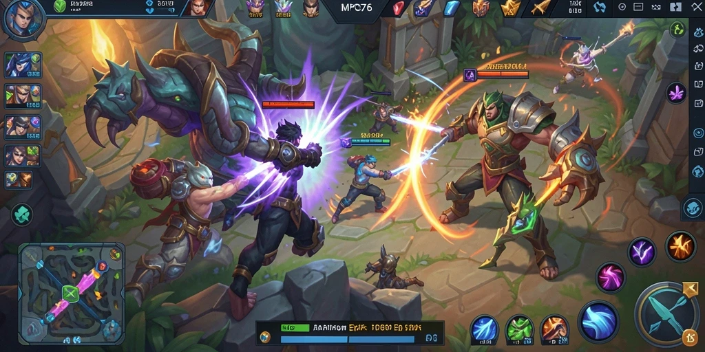 Tampilan gameplay seru dalam pertarungan MOBA di MPO76.