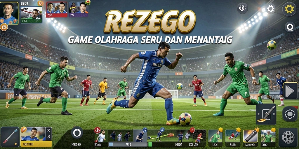 Screenshot utama REZEGO menunjukkan aksi seru dalam permainan olahraga.
